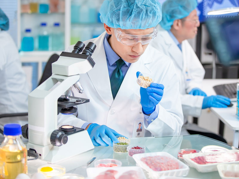 scientist inspecting soybeans and other food products in lab